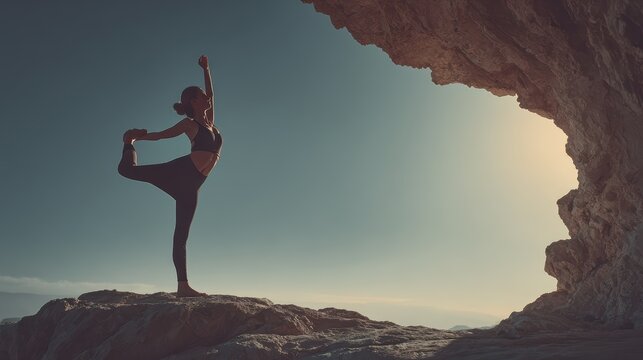 Yoga Pose on Cliffside: Silhouette of a graceful person performing a yoga pose, embodying strength, balance, and the serenity of nature against a breathtaking coastal backdrop.