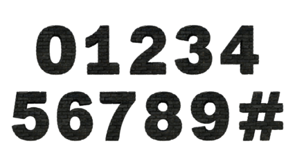 Set of black textured numbers 0-9 and hash symbol with a distinctive brick-like pattern, ideal for numerical displays or decorative projects