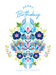 Template hand painted botanical blossom animal with folk art design elements. illustration Scandinavian holiday party