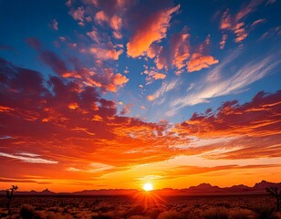  Vibrant sunset sky with wispy clouds and a fiery sun peeking through