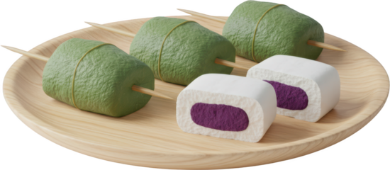 Three green leaf wrapped rice cakes on wooden skewers and two cross sections of white mochi with purple filling on a light wooden plate Japanese food Dango
