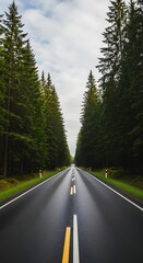 A wet, asphalt road stretches through a verdant forest, leading towards a blurred vanishing point under an overcast sky