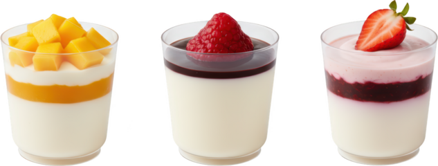 Three layered desserts in clear plastic cups featuring mango raspberry and chocolate and strawberry variations Panna Cotta Yogurt Pudding Parfait Sweet