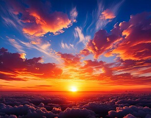  Vibrant sunset sky with wispy clouds and a fiery sun peeking through