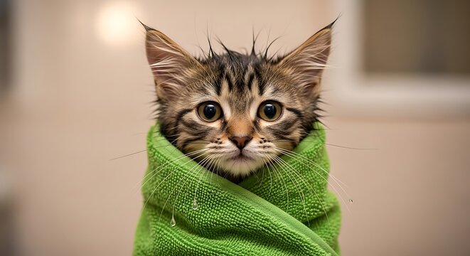 A wet, tabby kitten is wrapped in a vibrant green towel, its big eyes staring directly at the viewer - Powered by Adobe