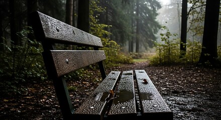 A wet wooden bench sits in a damp forest. The path ahead disappears into the misty distance. Brown leaves litter the path