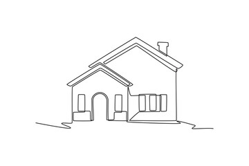 Modern simple suburban house exterior. Cute House and Building concept. Single line draw design. Vector graphic illustration