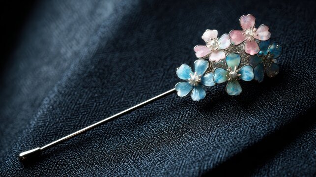 Exquisite Floral Lapel Pin: An elegant close-up of a floral lapel pin, its delicate petals in hues of blue and pink resting against a textured, dark fabric.