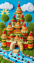A whimsical castle crafted entirely from fresh produce, with a river and surrounding landscape, set against a bright blue sky