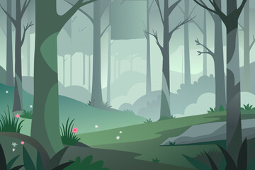 Forest path with pink and white wildflowers and soft mist nature trees