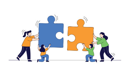 Diverse individuals collaboratively assemble oversized puzzle pieces symbolizing unity and shared objectives on a white backdrop