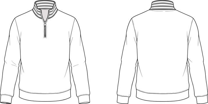 Flat vector half zip sweatshirt template, front and back view, long sleeve men apparel