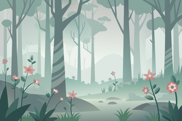 Misty forest clearing with pink wildflowers and a gentle stream nature trees