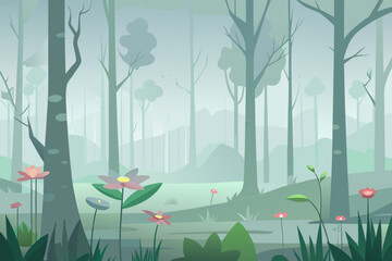 Misty forest with large pink and purple flowers by a water feature nature trees