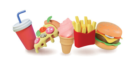 French fries, ice cream, burger, pizza and cola. Vector illustration of realistic set of fast food icon. 3d style design of fast food with fries, ice cream cone, pizza, hamburger, soda