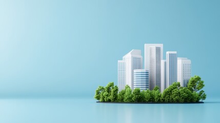 Modern City Skyline with Greenery and Calm Blue Background