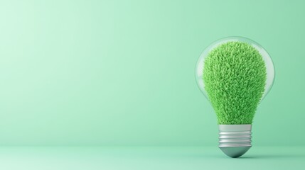 Green Light Bulb with Grass Inside on Soft Mint Background for Eco-Friendly Concept