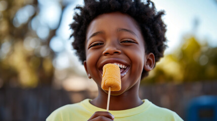 Fototapeta premium Joyful young African American boy enjoys a sweet treat while smiling outdoors on a sunny day