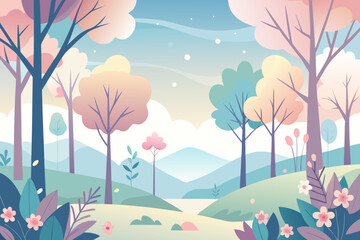 Pastel Colored Spring Forest Landscape with Rolling Hills and Stylized Trees nature