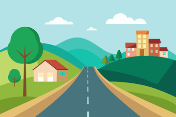 Perspective view of a road leading to houses and buildings on green hills Keywords: flat design, road, perspective, houses, buildings, hills