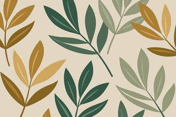 Scattered stylized leaves in green and gold on a light cream background vector illustration