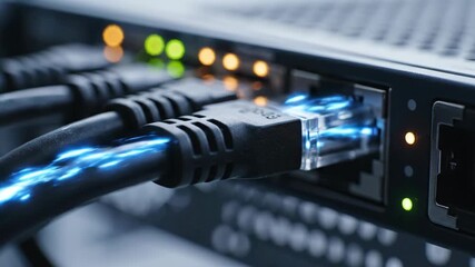 Ethernet cables plugged into a network switch with animated data transfer. Blue light streaks visualize high-speed internet connection and information flow. Technology and digital communication - Powered by Adobe