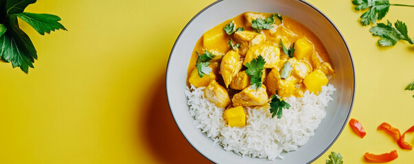 Yellow chicken curry with rice and mango in a white bowl on bright yellow background