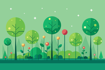 Stylized Flat Art Forest Scene with Geometric Trees and Flowers Keywords: forest, landscape, nature, trees, stylized, flat design, illustration