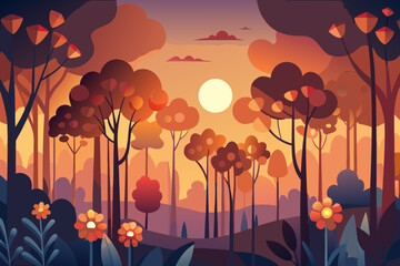 Stylized forest landscape at sunset with orange and purple hues nature trees