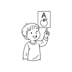 Line Drawing of Child Pointing at Alphabet Flashcard with Letter A and Apple on White Background