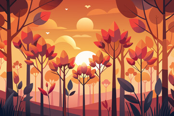 Stylized forest landscape at sunset with orange and red foliage nature trees
