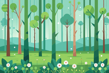 Stylized Forest Scene with Daisies and Green Foliage nature spring