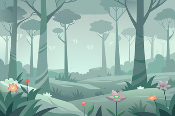 Stylized forest with pastel flowers and soft fog nature landscape