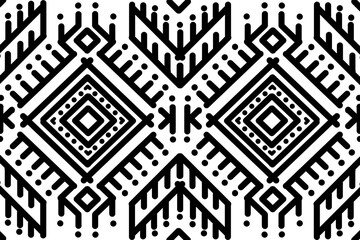 Black and white ethnic tribal geometric textile pattern, symmetrical diamond motifs, seamless repeating design, bold black lines with dotted details on white background