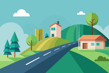 Stylized suburban road with houses and trees on green hills under a blue sky Keywords: flat design, suburban, road, houses, trees, hills, nature