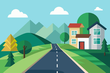 Suburban road leading to houses with colorful trees and mountains flat design