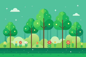Stylized Green Forest Scene with Flowers and Clouds Keywords: forest, landscape, nature, trees, green, flat design, illustration, background