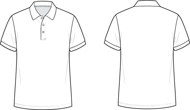 Short sleeve polo shirt technical sketch, front and back view, fashion design template, apparel CAD, flat vector