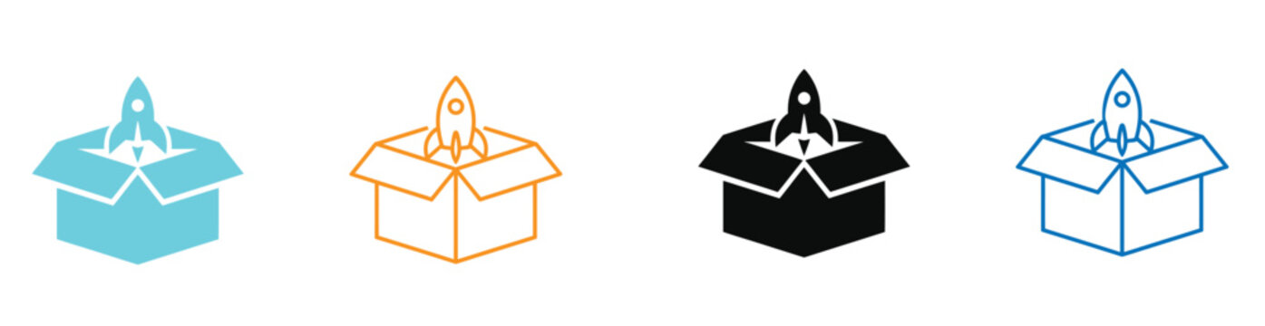 Startup launch icons with rockets emerging from boxes in four colors.
