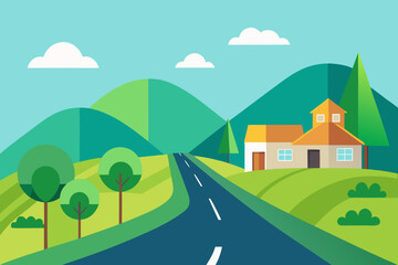 Winding road through rolling green hills with houses and trees in flat design Keywords: flat design, road, winding, hills, houses, trees, nature