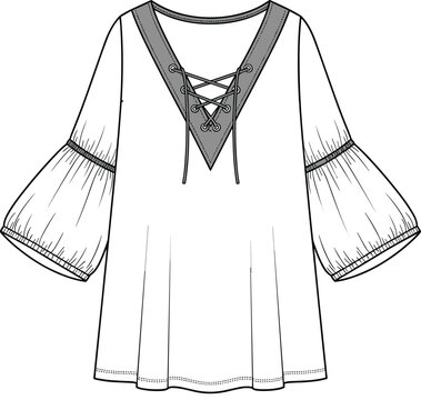 Women&rsquo;s tunic top technical sketch, lace-up neckline, bell sleeves, fashion CAD template, garment layout, flat vector