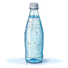 Clear Glass Bottle of Sparkling Water with Condensation Droplets and Bubbles Isolated on White Background.