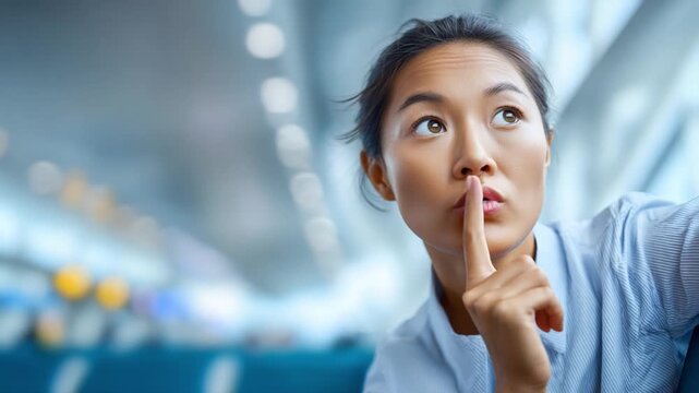 Quiet Contemplation: Capturing a moment of silent thought, this image portrays a woman with a finger to her lips, evoking a sense of introspection and secrecy.