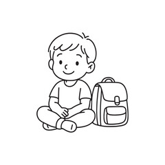 Line Drawing of Child Sitting Cross-Legged Beside Backpack on White Background