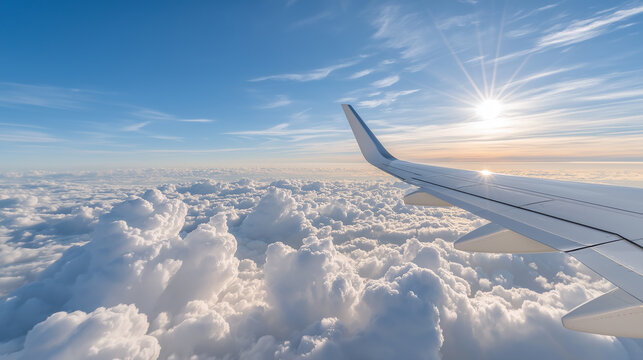 View through an airplane window during the golden hour, The aircraft wing extends over a sea of fluffy clouds, with a vibrant gradient of orange,  and blue in the sky,dramatic perspective.