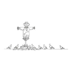 Whimsical scarecrow standing with outstretched arms.