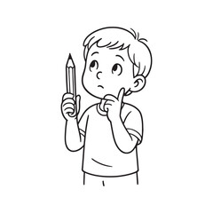 Line Drawing of Child Thinking with Pencil in Hand on White Background