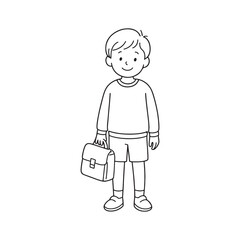  Line Drawing of Child Standing with School Bag on White Background