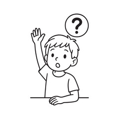 Line Drawing of Curious Child Raising Hand with Question Mark Speech Bubble on White Background