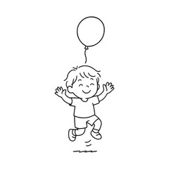 Line Drawing of Happy Child Jumping with Balloon on White Background
